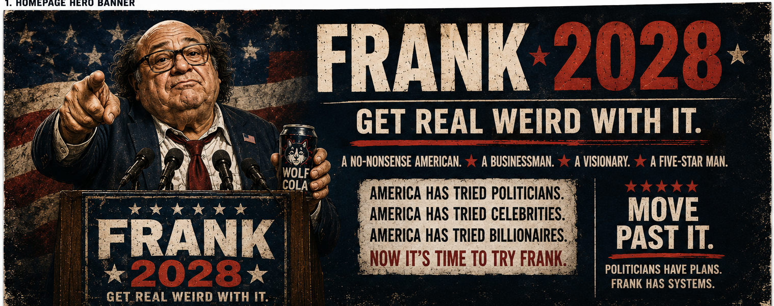 Frank 2028 campaign hero banner: Get Real Weird With It